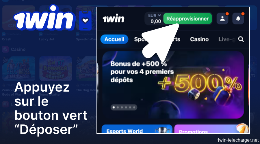 Appuyez sur le bouton vert « Dépôt » sur l'application 1win